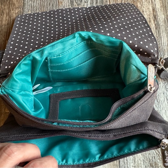 Thirty One Double Up Crossbody Purse Gray White Polka Dot With Turquoise Lining - Picture 6 of 10